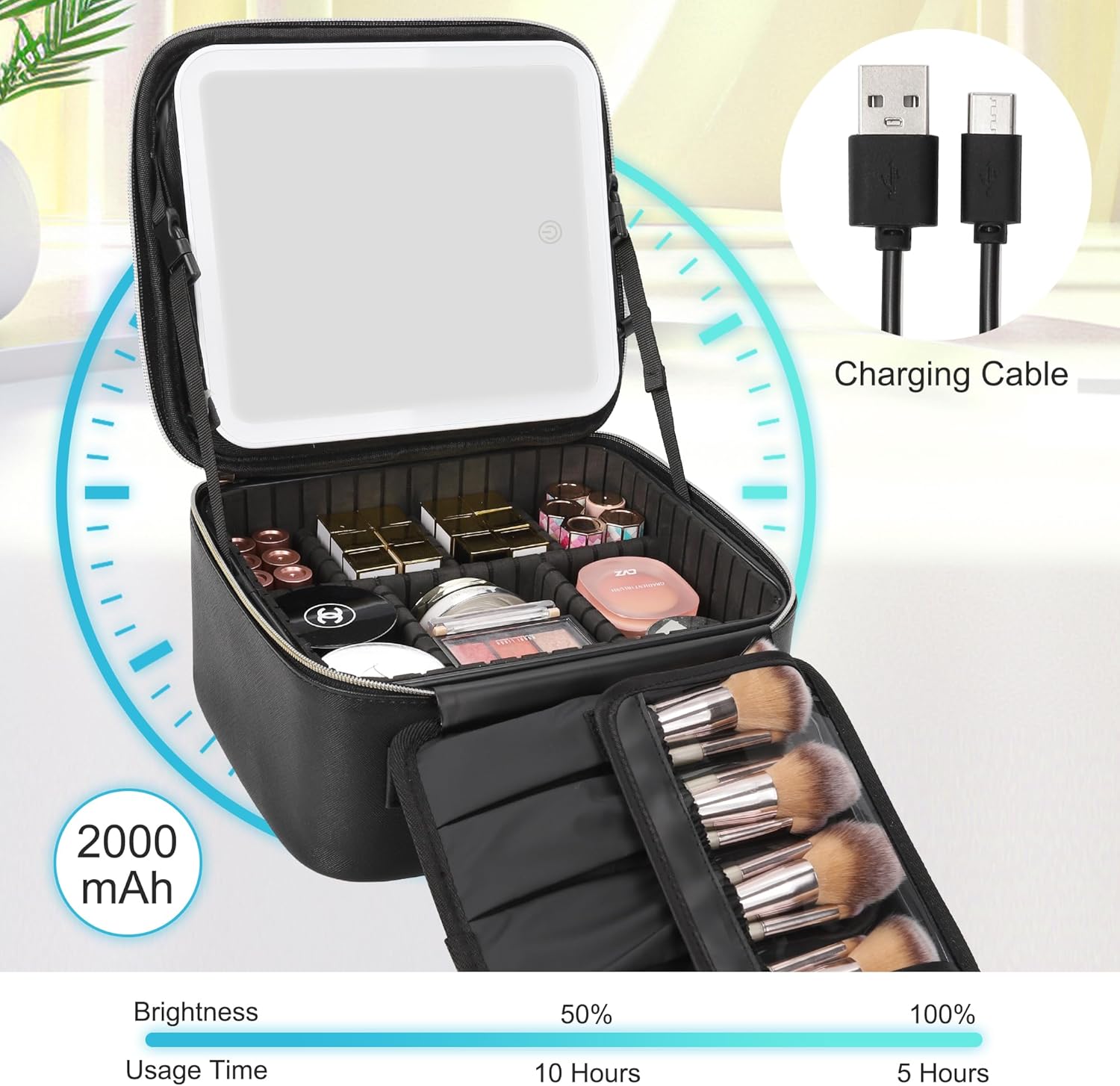 Relavel Travel Makeup Bag With LED Mirror, Cosmetic Train Case with Light up Mirror, Portable Makeup Artist Organizer Bag with Adjustable Dividers, Makeup Brush Holder Storage, Black