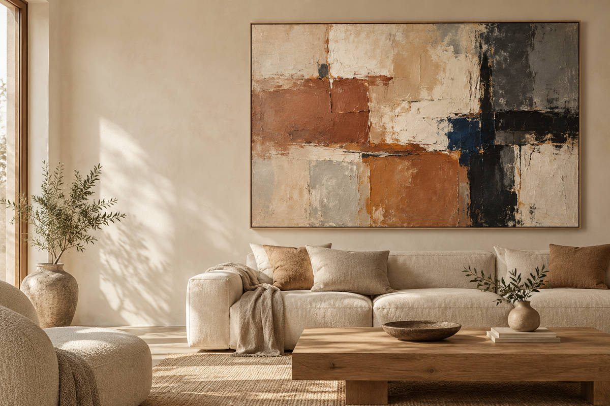 AI-generated abstract canvas design preview in a warm living room; illustrative concept, not a completed commission.