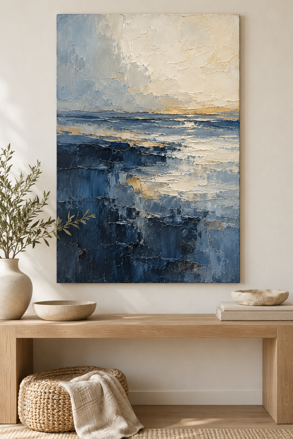 Illustrative design preview of a vertical indigo and slate-blue abstract oil painting with ivory and sand-gold accents displayed in a calm living room; the commissioned canvas is hand-painted by an artist.