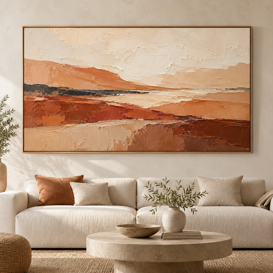 Terracotta and sand abstract oil painting displayed above a neutral living room sofa