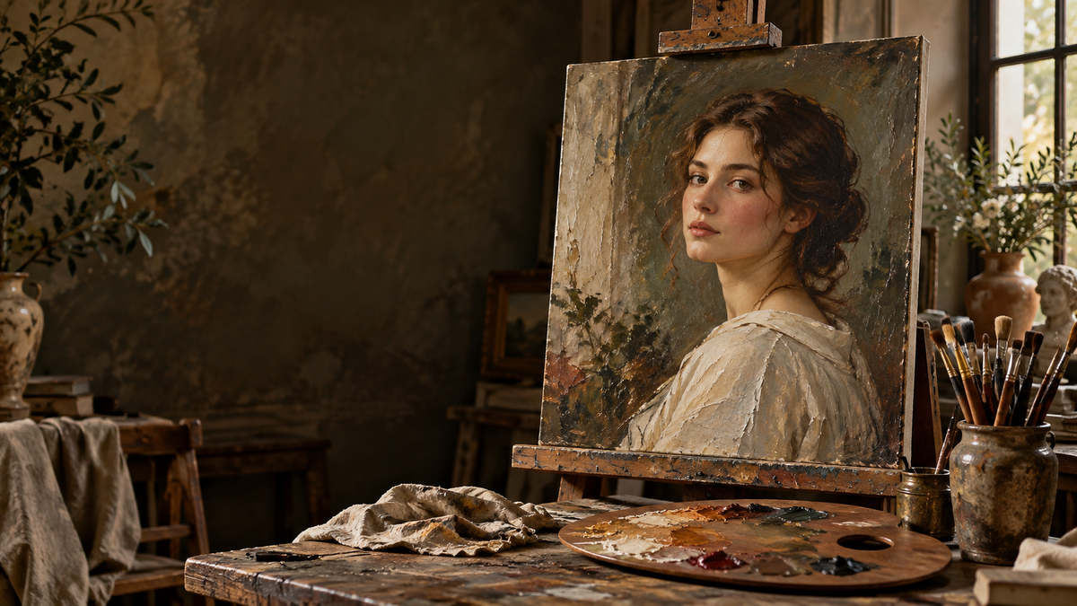 Illustrative concept artwork: a woman depicted in an oil portrait on an easel in an artist studio; not a customer commission.